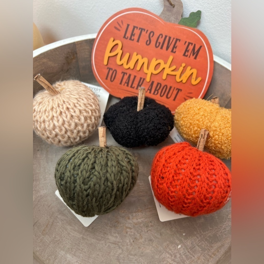 5 New Handmade knitted mini Pumpkins & Wooden Sign, Fall Decor, Tiered Tray
